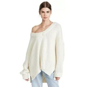 Free People Scoop Neck Knit Sweater | Size Small | Ivory | Oversized